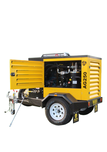 [K01010057] [AG250T] 250cfm Rotary screw compressor, Diesel driven, mounted on a heavy duty trailer.